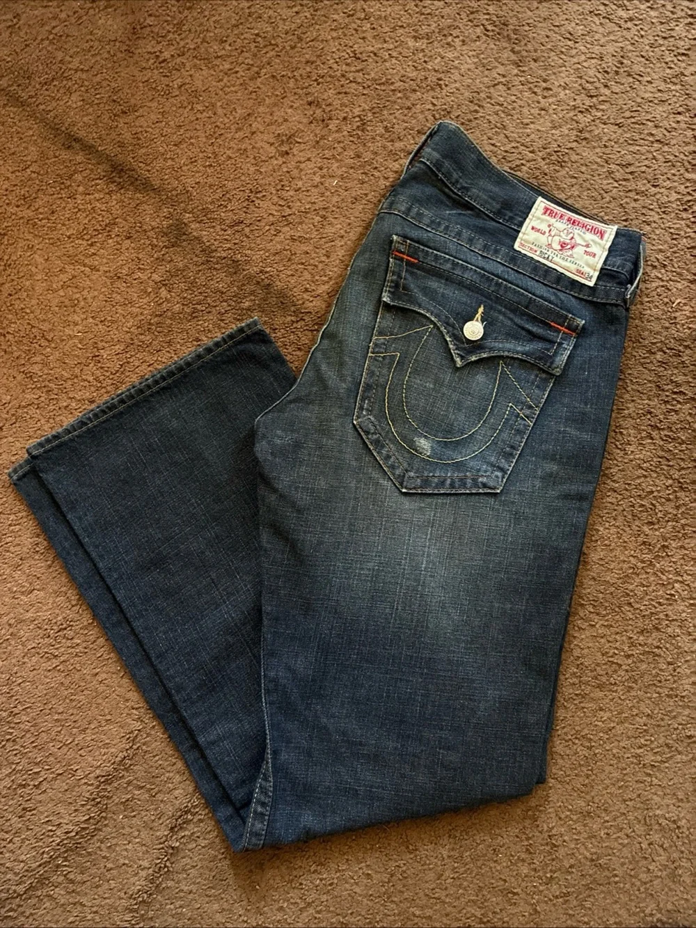 True religion Men's Dark Blue Distressed Straight-Leg Jeans 36 vtg